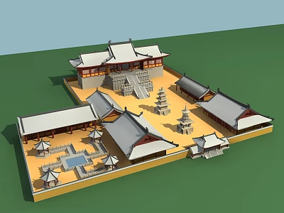 Ancient Chinese Architecture Complex With Courtyard Pagodas And Traditional Roofs 3d model