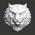 Silver Tiger Head Sculpture With Intricate Texture And Reflective Surface On Gray Background