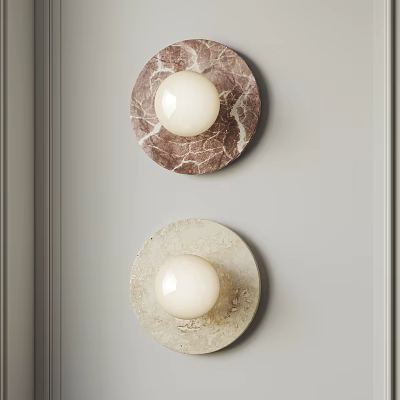 Modern Wall Lamps With Round Marble Base And White Spherical Bulbs On Light Gray Wall 3d model