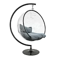 Stylish Transparent Spherical Hanging Chair With Black Metal Stand And Gray Cushions