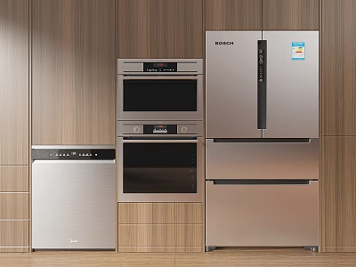 Modern Kitchen Interior Featuring BOSCH Refrigerator Oven Dishwasher And Appliances 3d model