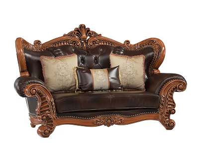 Double Sofa With Carved Wooden Frame Brown Leather And Patterned Pillows 3d model