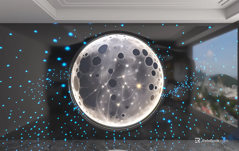 Cosmic Themed Circular Background Wall With Moon Pattern Blue Light Spots And Connecting Lines 3d model 
