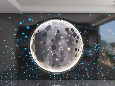 Cosmic Themed Circular Background Wall With Moon Pattern Blue Light Spots And Connecting Lines 3d model