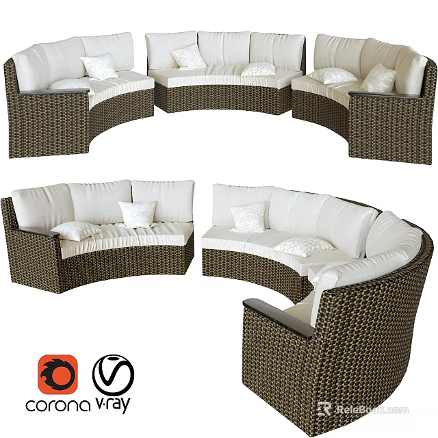Curved Brown Rattan Double Sofa with White Cushions for Outdoor Seating 3d model