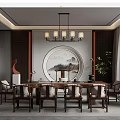 Chinese Traditional Tea Room Interior With Wooden Table Chairs Round Landscape Painting And Chandelier