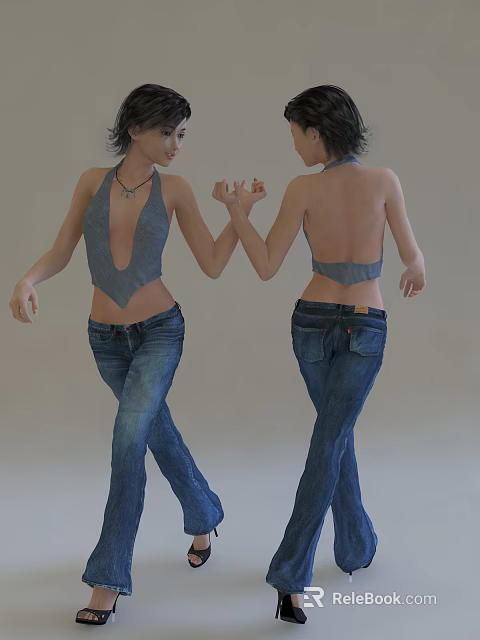 Two Women Wearing Grey Backless Halter Tops And Blue Jeans Holding Hands 3d model 
