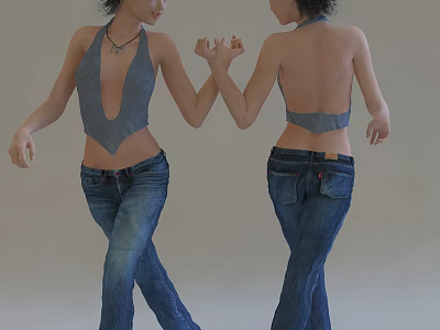 Two Women Wearing Grey Backless Halter Tops And Blue Jeans Holding Hands 3d model