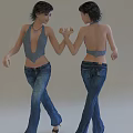 Two Women Wearing Grey Backless Halter Tops And Blue Jeans Holding Hands