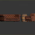 Red Checkered Sofa With Wooden Barrel And Red Armchair In Interior