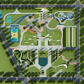 Scenic Urban Park Landscape With Green Spaces Pedestrian Paths And Central Fountain