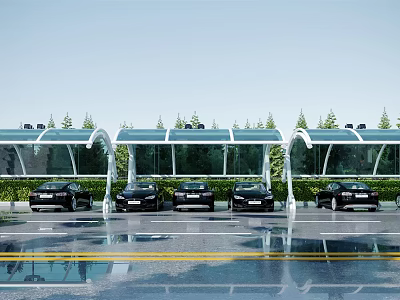 Modern Transparent Carport Canopies Covering Black Cars with Green Trees in Outdoor Area 3d model