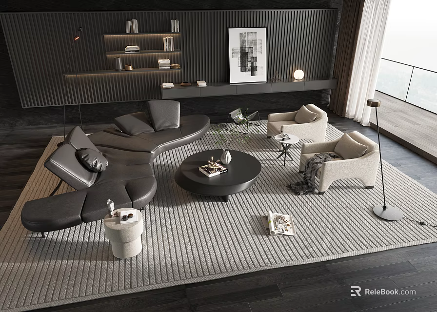 Modern Dark Sofa Coffee Table Set With Striped Rug Accent Chairs Wall Art And Floor Lamp 3d model 