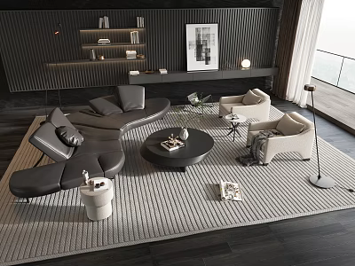 Modern Dark Sofa Coffee Table Set With Striped Rug Accent Chairs Wall Art And Floor Lamp 3d model