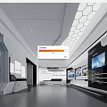 Modern Exhibition Hall Interior Design With Hexagonal Ceiling Lighting And Display Screens 3d model