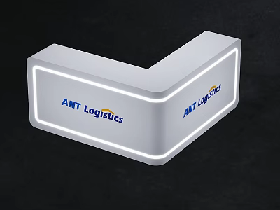 White L Shaped Reception Desk With ANT Logistics Logo And Illuminated Edges 3d model