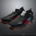 Black Sports Shoes With Red Soles Red Side Stripes White Laces Mesh And Textured Soles