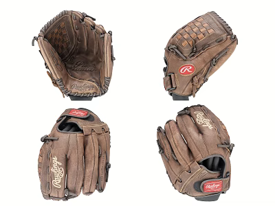 High Quality Brown Leather Baseball Gloves With Rawlings Logo From Various Angles 3d model
