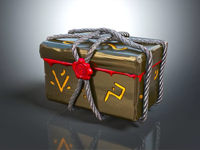 Golden Decorative Box With Rope Wrapped And Red Wax Seal And Yellow Symbols 3d model