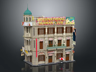 Multi story Residential Building Featuring International Naman Club Sign Green Dome And Windows 3d model
