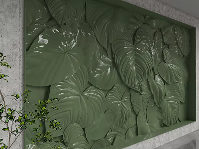 Glossy Deep Green 3D Leaf Pattern Wall with Gray Concrete Frame and Small Green Plants 3d model