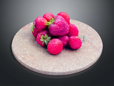 Fresh Ripe Strawberries With Green Leaves On Round Stone Cutting Board Against Black Background 3d model