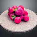 Fresh Ripe Strawberries With Green Leaves On Round Stone Cutting Board Against Black Background