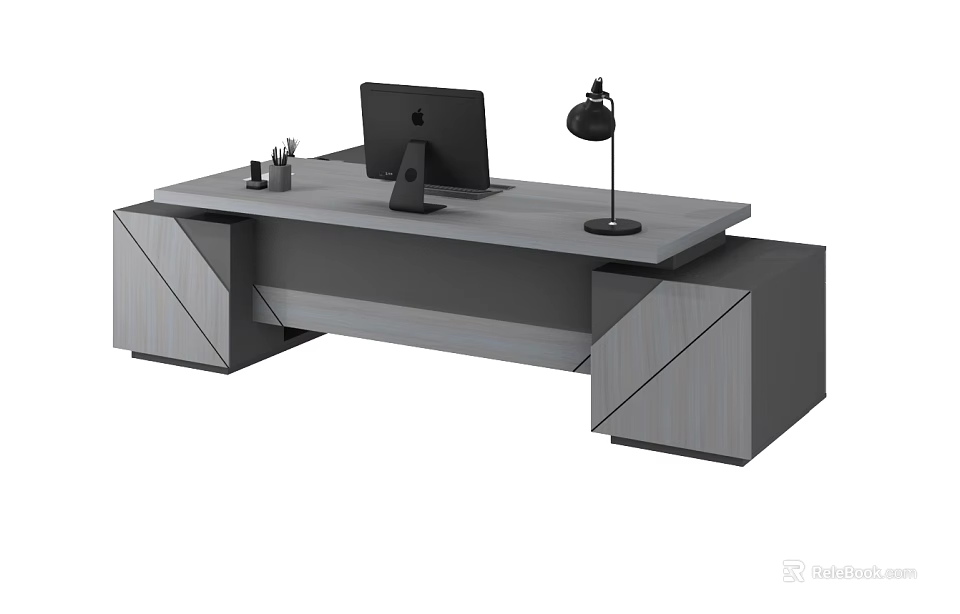 Modern Office Desk With Geometric Design Black Computer Monitor Black Desk Lamp And Office Supplies 3d model 