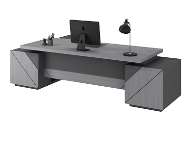 Modern Office Desk With Geometric Design Black Computer Monitor Black Desk Lamp And Office Supplies 3d model