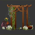 Wooden Garden Pergola With Green Vines Pink Bicycle And Red Basket