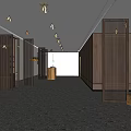 Modern Hotel Corridor Featuring Wooden Walls Curved Ceiling Hanging Pendant Lights And Sculpture Decor