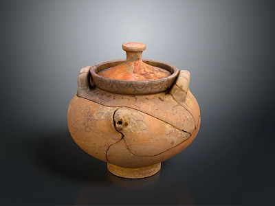 Ancient Pottery Sculpture With Lid Decorative Patterns Handles And Cracks 3d model