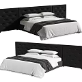 Modern Double Bed With Black Tufted Headboard White Sheets And Gray Blanket 3d model