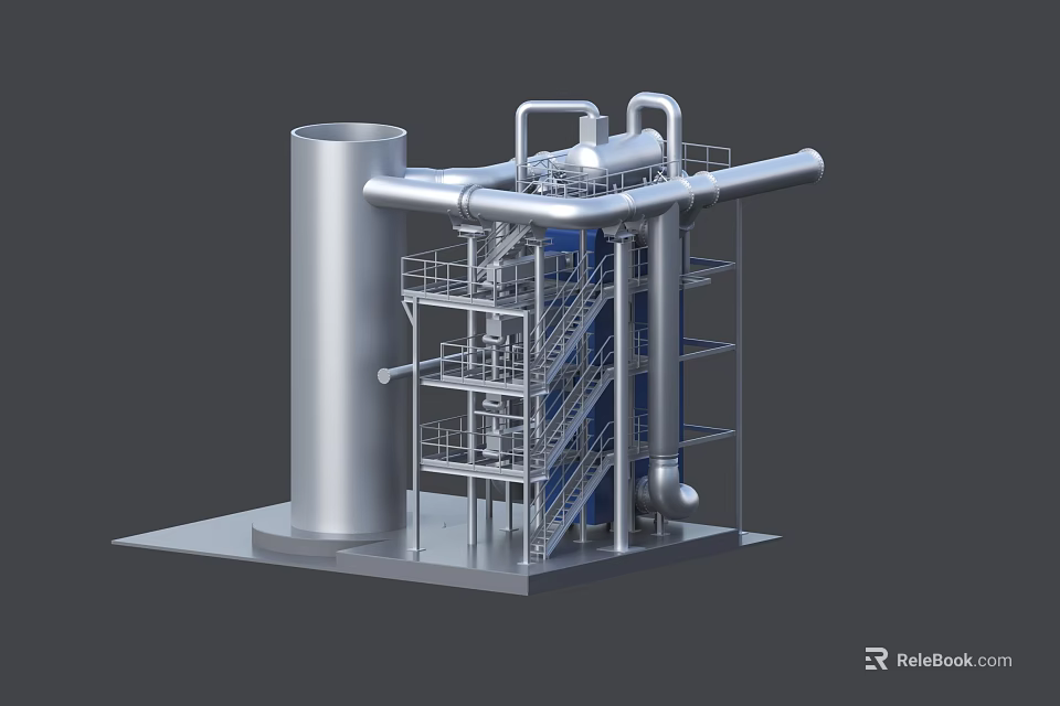 Industrial Equipment with Large Metal Pipes Steel Frame Tower and Staircase 3d model 