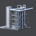 Industrial Equipment with Large Metal Pipes Steel Frame Tower and Staircase