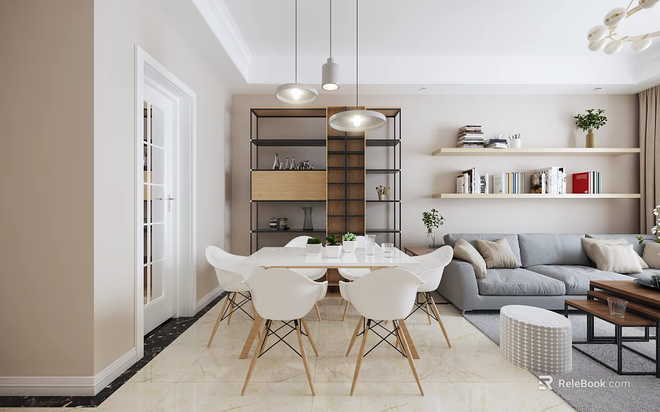 Elegant Modern Restaurant Interior With Dining Table White Chairs Sofa Bookshelves And Pendant Lights 3d model 