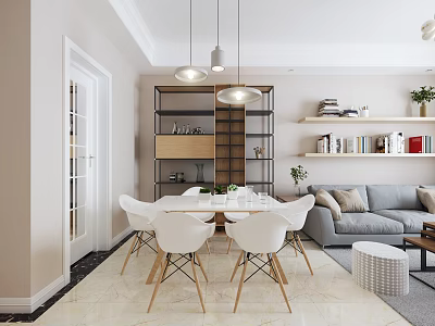 Elegant Modern Restaurant Interior With Dining Table White Chairs Sofa Bookshelves And Pendant Lights 3d model