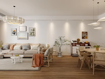 Modern Natural Wood Tone Living And Dining Room With Cozy Furnishings And Elegant Wall Decor 3d model