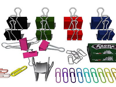 Assorted Office Supplies With Colored Binder Clips Paper Clips And Brome Box 3d model