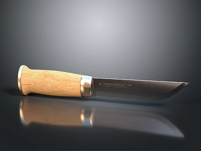 Sharp Hunting Knife With Wooden Handle And Metal Blade On Reflective Surface 3d model