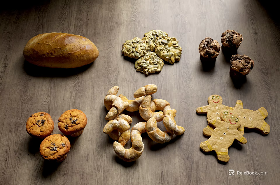 Delicious Assortment of Baked Goods Fresh Bread Cookies Muffins Croissants and Gingerbread Men 3d model 