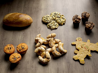Delicious Assortment of Baked Goods Fresh Bread Cookies Muffins Croissants and Gingerbread Men 3d model