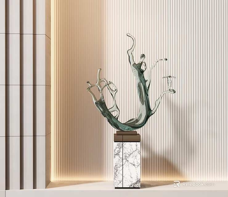 Abstract Bronze Sculpture With Curved Branches On Marble Pedestal 3d model 
