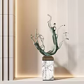 Abstract Bronze Sculpture With Curved Branches On Marble Pedestal