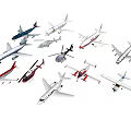 Passenger Plane Models With Various Types And Colors Displayed On Gray Background