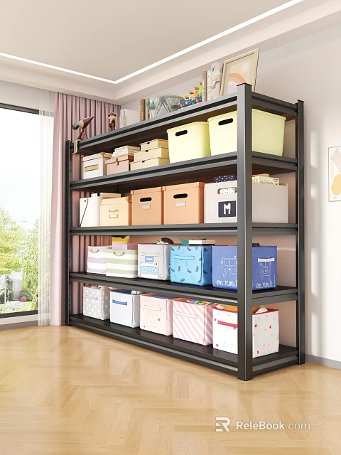 Multi Tier Storage Shelf with Colorful Storage Boxes Organizing Items in Bright Room 3d model 