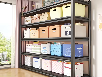 Multi Tier Storage Shelf with Colorful Storage Boxes Organizing Items in Bright Room 3d model