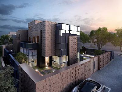 Modern Townhouse Exterior Design Featuring Glass Elements Geometric Structure And Greenery 3d model