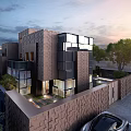 Modern Townhouse Exterior Design Featuring Glass Elements Geometric Structure And Greenery