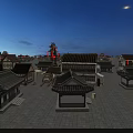Traditional Chinese Architecture Courtyard Scene With Ancient Tiled Roofs Tower Evening Moon And Warm Lighting